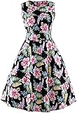 Women's Sleeveless Vintage Rockabilly Swing Hawaiian Floral Print Dress, Black, USA 2-4 (Tag S)