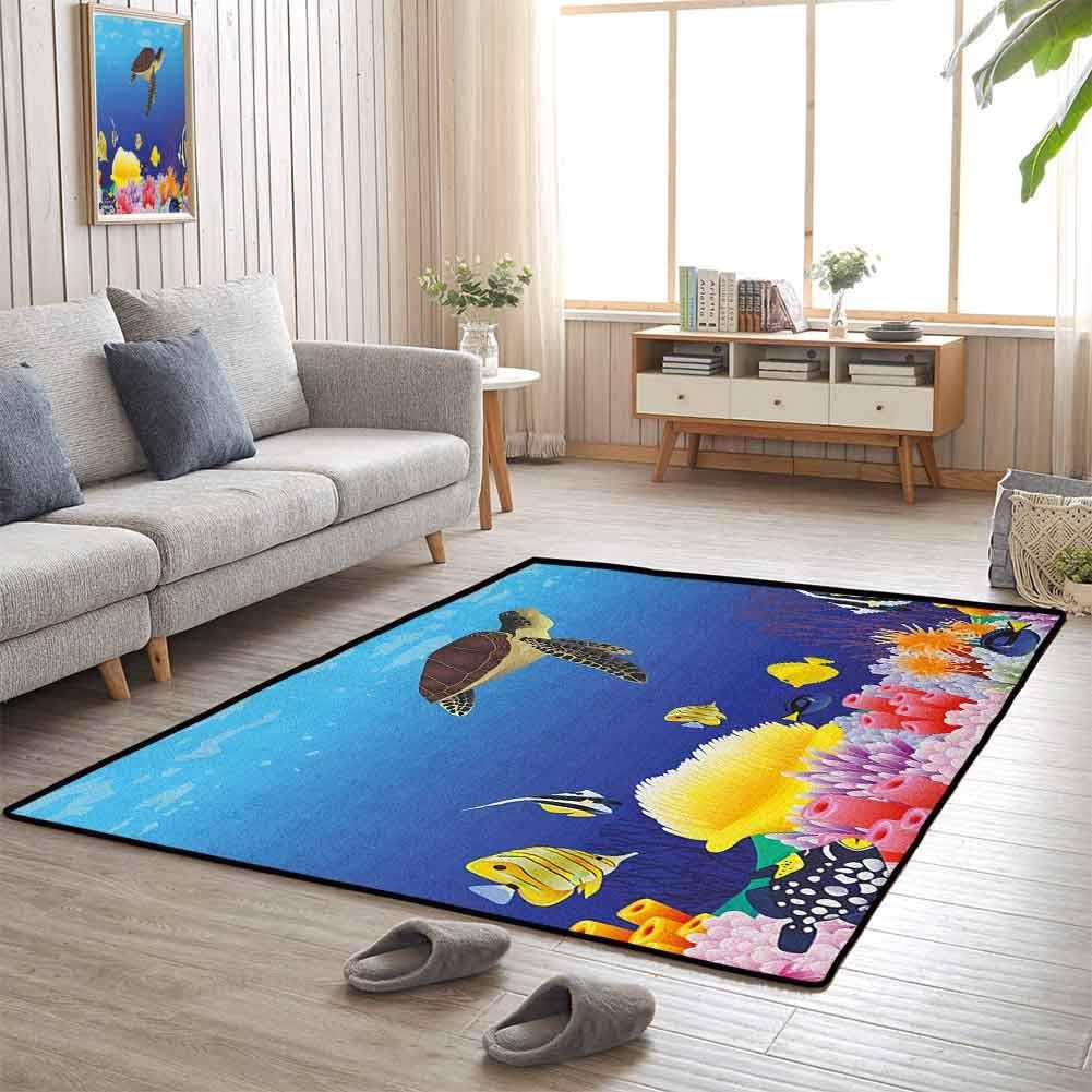 Home Decor Carpet, Easy Clean Rubber Back Super Soft Indoor Modern for Dining Room Home Bedroom, Ocean | Modern Cartoon Deep Sea Nautical Navy Aquarium Fish Turtle Rocks Moss Artwork Print - 3'x4'