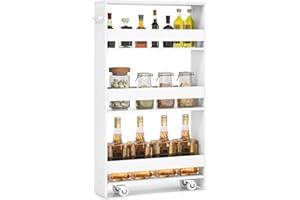 LOKO Slim Storage Cart, 4-Tier Rolling Cart with Handle & Wooden Top for Kitchen Bathroom Laundry Living Room Narrow Small Spaces, 5 Inches Width (Plain White)