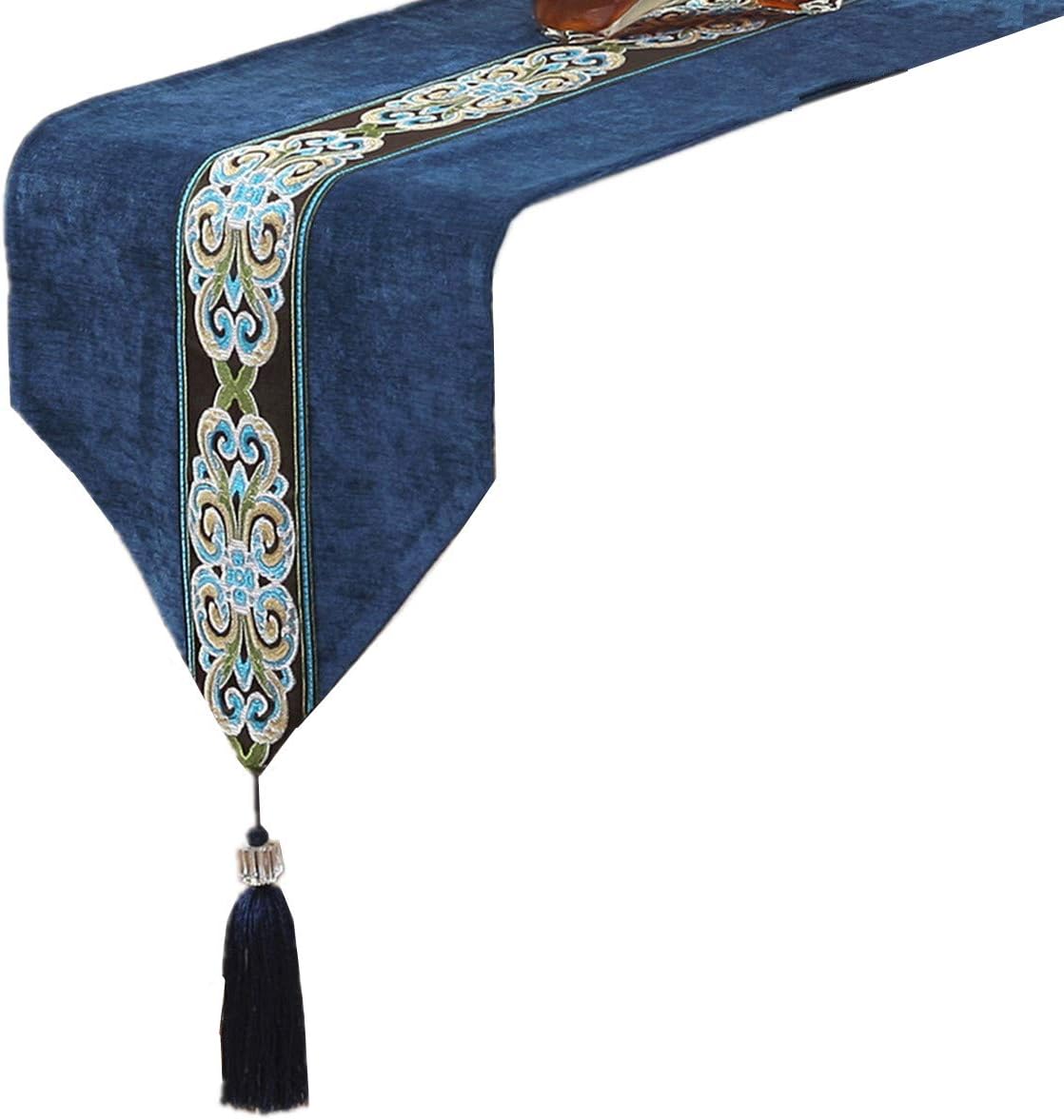 Classic Vintage Table Runner and Dresser Scarf with Tassels Middle Stripe Home Decor, 13 x 70 Inch, Blue