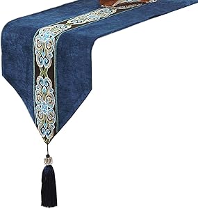 Classic Vintage Table Runner and Dresser Scarf with Tassels Middle Stripe Home Decor, 13 x 70 Inch, Blue