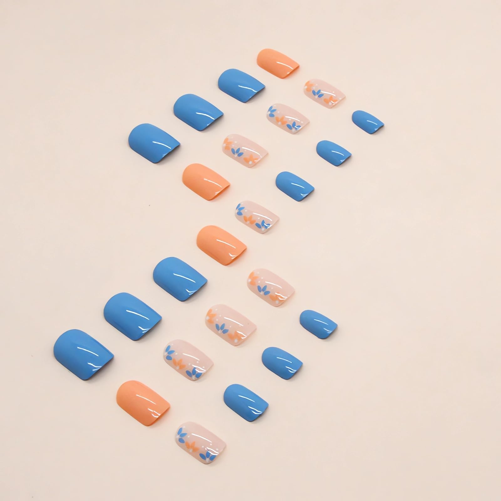 Short Press on Nails Square Fake Nails Blue Orange Flowers Glue on Nails Spring Summer Nail Art Decorations Glossy Full Cover Acrylic False Nails Short Square Stick on Nails 24Pcs - Image 3