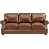 ONBRILL Classic Genuine Leather Sofa with Nailhead Trims, Dark Brown | Rolled Arms,Solid Wood Legs, No Assembly Required,Comfy Deep 3 Seater Couch for Living Rooms or Home Offices