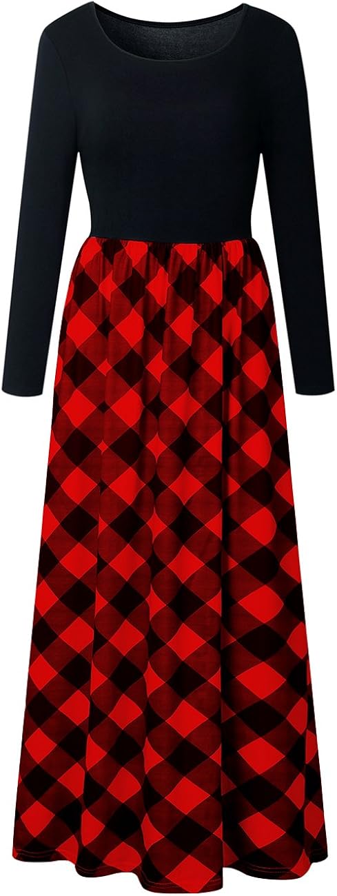 MEROKEETY Women's Plaid Long Sleeve Empire Waist Full Length Maxi Dress with Pockets at  Women’s Clothing store