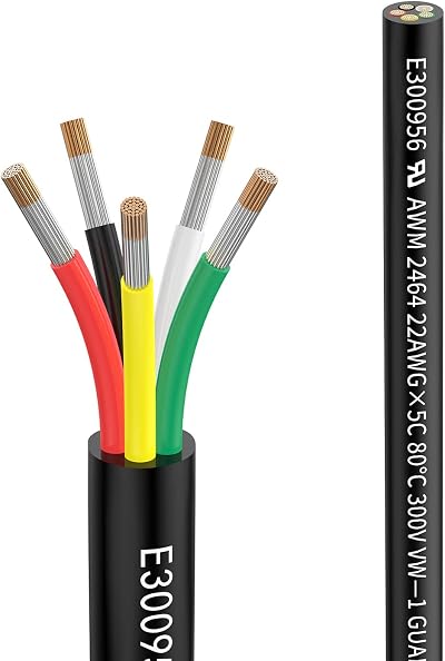 Matugajp 22 AWG 5 Core Cable 0.3mm² 20M DC Wire 5 Conductor Black