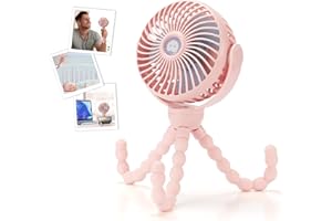snawowo Upgraded Portable Baby Stroller Fan, 360°Rotate Rechargeable Mini Clip on Fan with Flexible Tripod for Treadmill Crib Car Seat Travel, 4000mAh Battery Powered Handheld Fan (Pink)