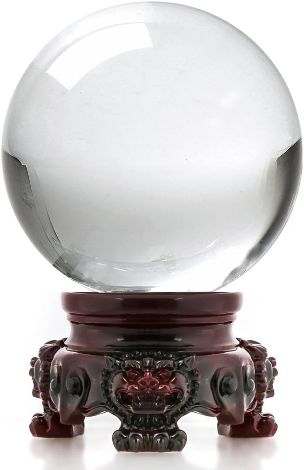 Amlong Crystal 3 inch (80mm) Clear Crystal Ball with Redwood Lion Resin Stand and Gift Box for Decorative Ball, Lensball Photography, Gazing Divination or Feng Shui, and Fortune Telling Ball: Home & Kitchen