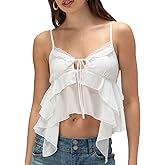 Women Y2K Ruffle Trim Camisole Causal Solid Color V Neck Tie Front Irregular Hem Cami Top Summer Outgoing Wear