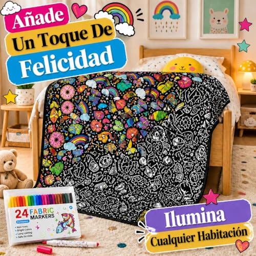 VEELU Adult Coloring Blanket 156×125cm with 24 Markers, Painting Blanket Washable Reusable, Anti-Stress Blanket for Kids and Family Activity, Birthday Gift