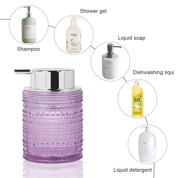 TONXUS BATHROOM ACCESSORY SETS,GLASS TOOTHBRUSH HOLDER AND SOAP DISPENSER FOR BATHROOMS,FOAMING HAND SOAP DISPENSER,TOOTHBRUSH AND TOOTHPASTE CUP HOLDER,CLEAR SOAP AND TOOTHBRUSH HOLDER SET (PURPLE)