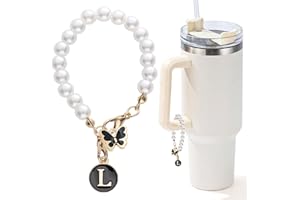 LUHOHI Letter Charm for Stanley Cup，Pearl Chain Accessories Stanley Cup Initial Charms for Handle Stuff Decor Water Bottle Jewelry Tumbler Cute Personalized Name ID Decorations Black Tag (L)