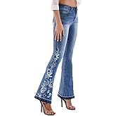 Lisskolo Bell Bottom Jeans for Women Flared Floral Embroidered Jean Wide Leg Denim Pants