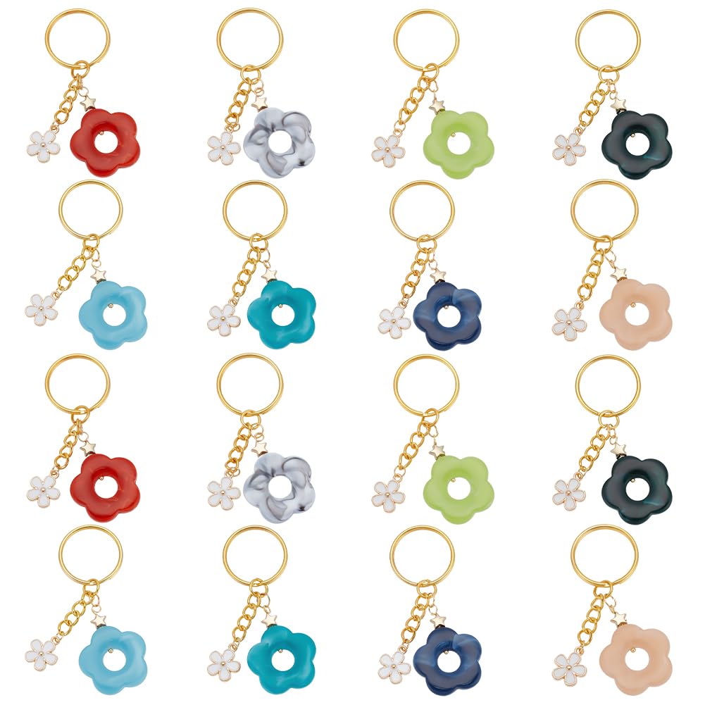 DELORIGIN 16pcs Flowers Charms Keychains, 8 Colors Alloy Enamel Cute Flowers Chain Bag Purse Charms Floral Keyrings for Gifts Car Keys Wallet Women Handbag Pendant Bag Accessories