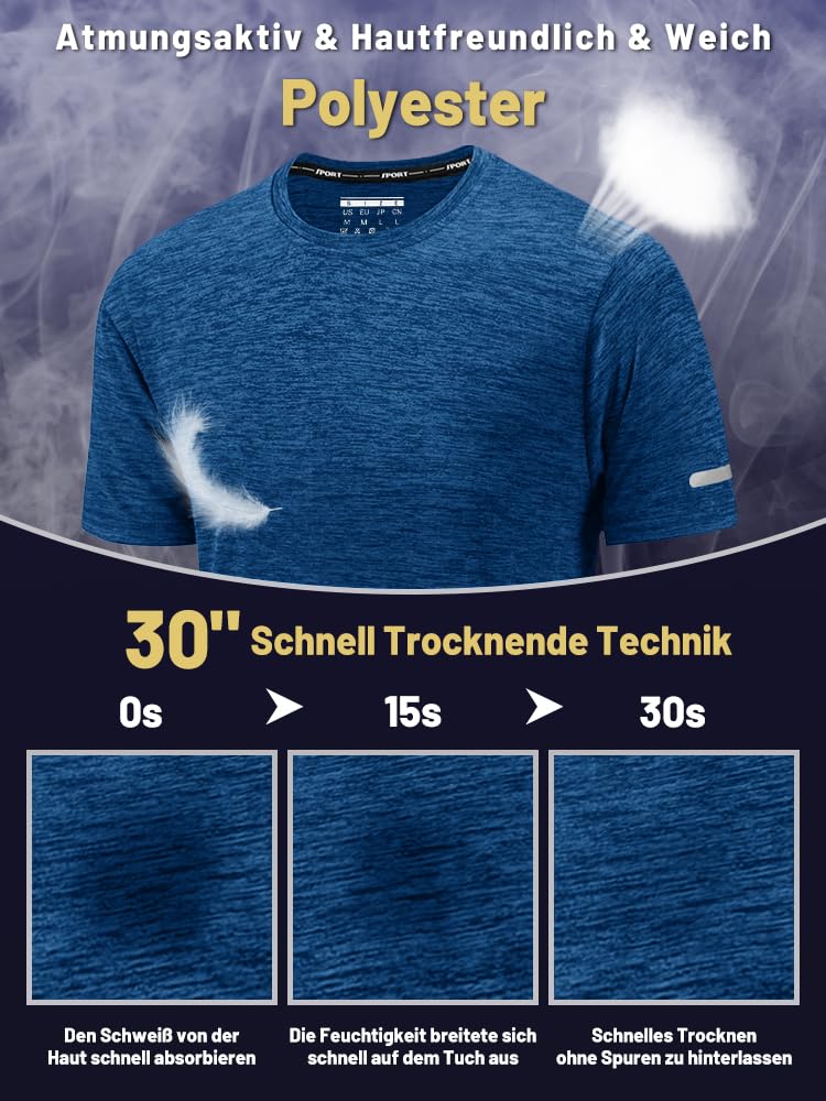 KEFITEVD Men's Sports T-Shirt, Functional Shirt, Short Sleeve, Quick-Drying, Breathable Running Shirt, Crew Neck, Training Shirt