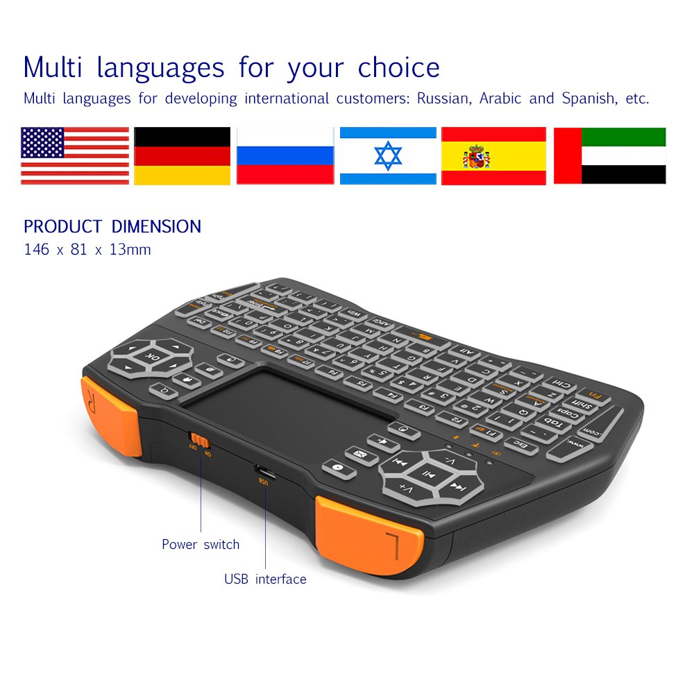 KUD i8+ 2.4GHz Plus Mini Wireless Keyboard with Touchpad Mouse Rechargable Air Mouse LED Backlit Handheld Remote Control Controller for Android TV BOX Smart TV PC Notebook Mini PC Li-ion Battery