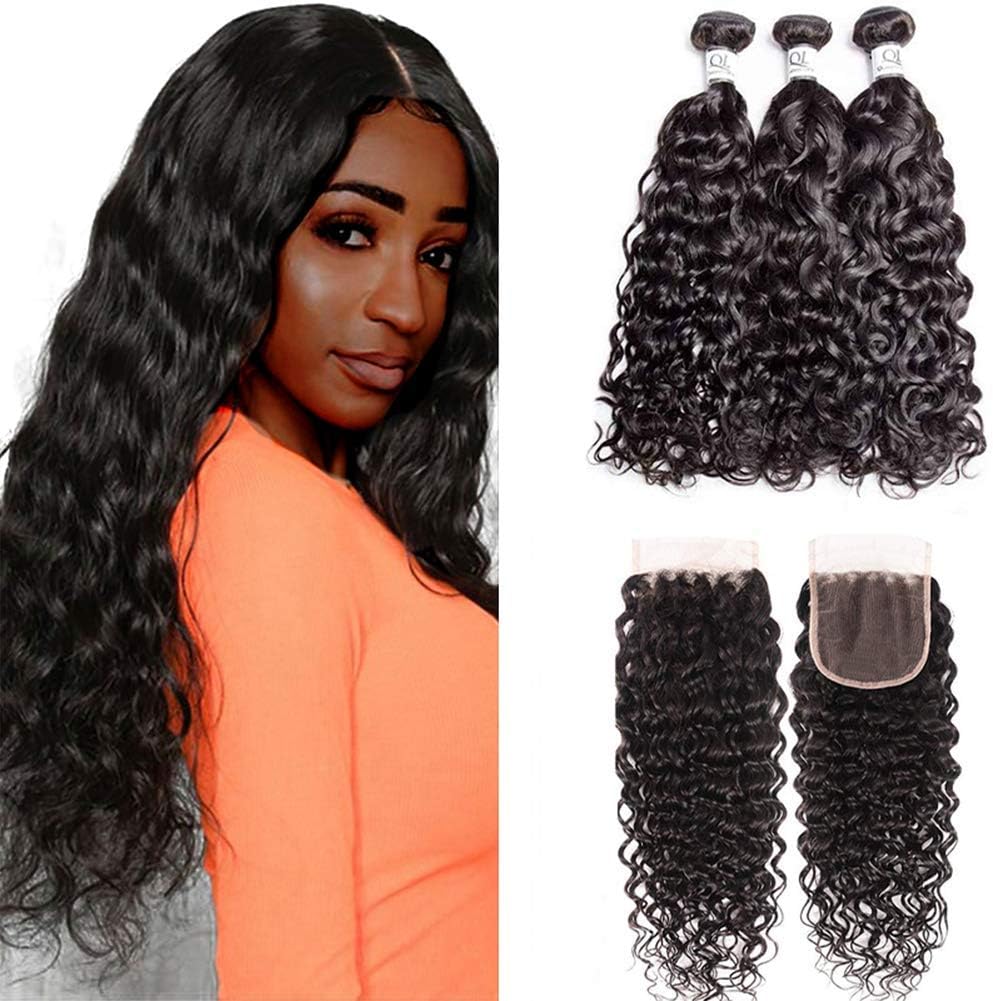Brazilian Water Wave Bundles with Closure 20/22/24+18inch Transparent Lace Closure Free Part Human Virgin Hair Deep Ocean Wave 3 Bundles with 4x4 Swiss Lace Closure Natural Black Hair Bundles