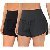 THE GYM PEOPLE 2 Pack Women's High Waisted Running Shorts with Zipper Pockets Liner Quick Dry Athletic Workout Shorts