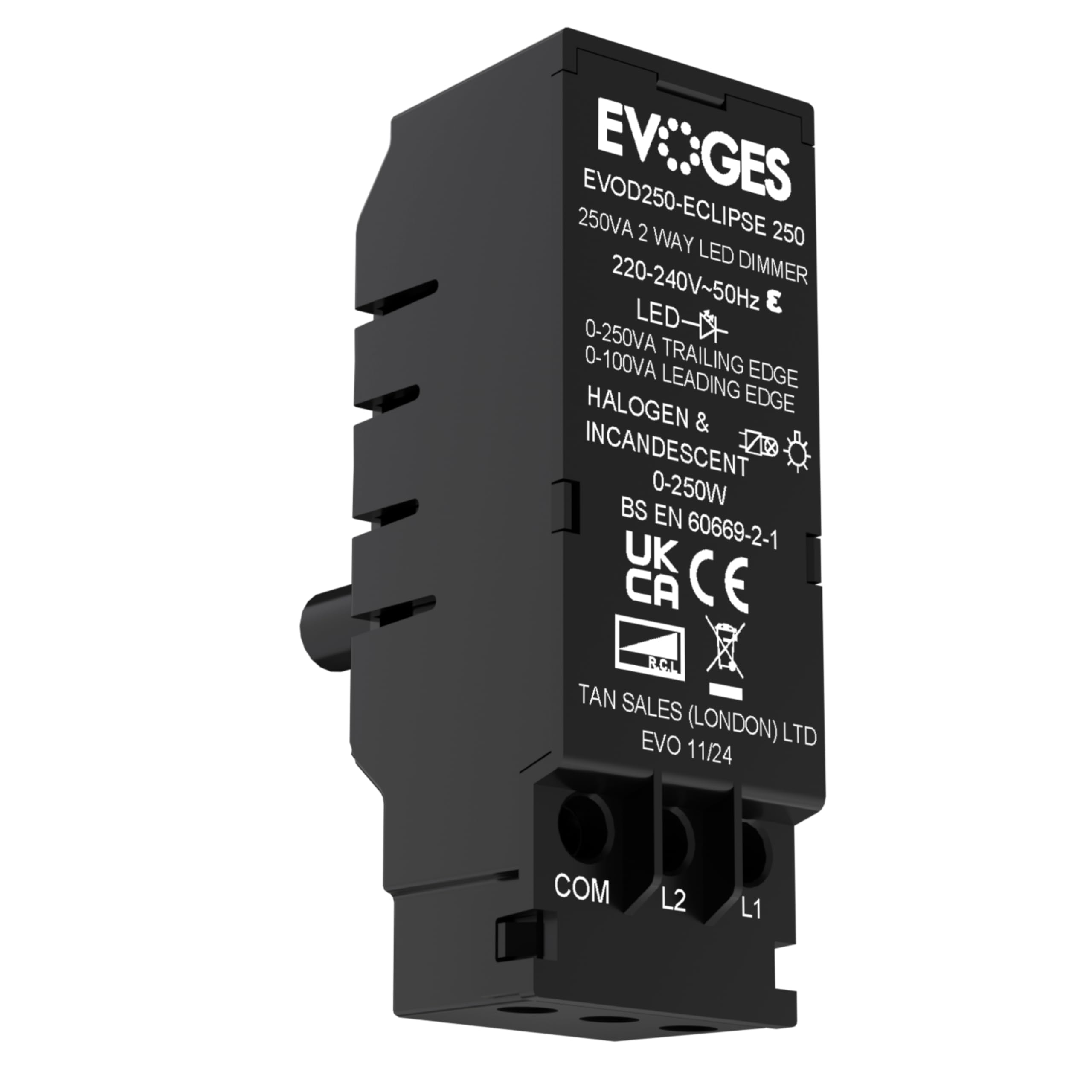 Evoges EVOD250 250VA 2 Way Push On Push Off Replacement LED Dimmer Module Switch (100VA Leading Edge & 250VA Trailing Edge Dimmer)