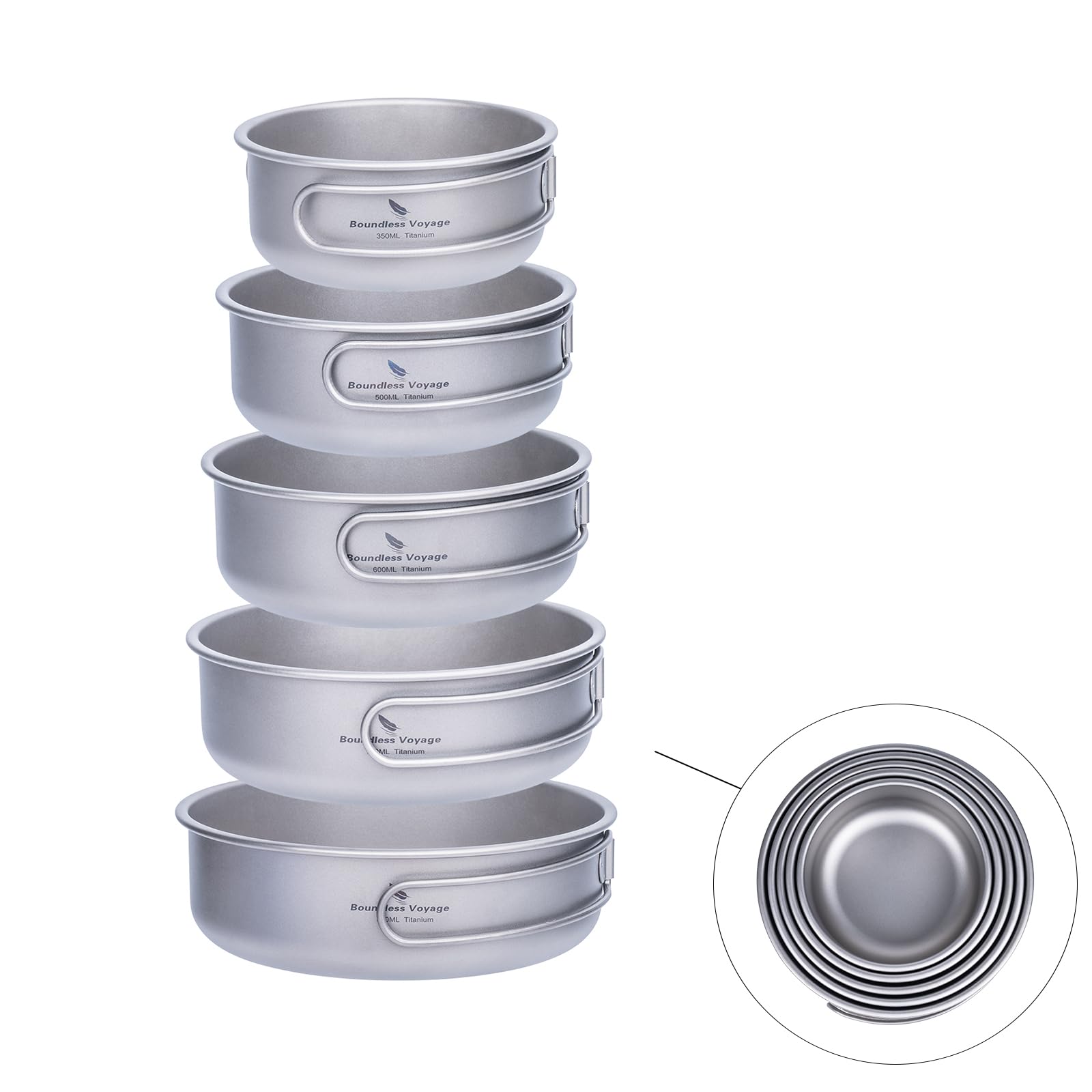 iBasingo 5Pcs Titanium Camping Cookware Set 350ml-800ml with Folding Handle Stackable Bowl Pot Pan 3-in-1 Ultralight 469g Portable for Outdoor Camping Hiking Backpacking Home Ti1096T