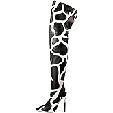 LINMUYOUJIA Thigh high boots for women striped Back zipper Burgundy Zebra Print Over the knee Sexy gold white pointed toe Cow Print leopard Magenta stiletto heel