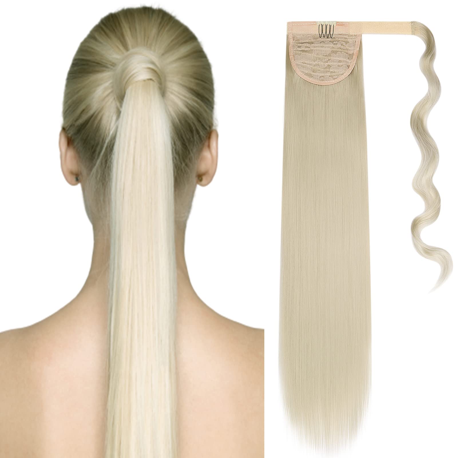 Cybelleza Straight Ponytail Extension Long Wrap Around Ponytails 22 inch Clip in Hair Extensions Hairpiece Synthetic for Women 105g (Platinum Blonde)