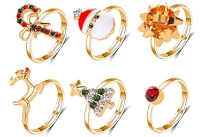 ZZ ZINFANDEL 6 Pcs Christmas Rings Cute Cartoon Elk Christmas Tree Santa Rings Open Adjustable Knuckle Stacking Midi Rings Set