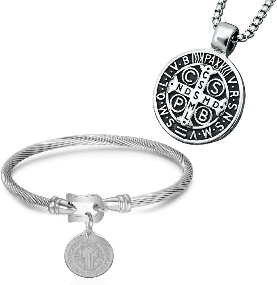 Men's St Benedict Exorcism Pendant Necklace Stainless Steel Catholic Roman Cross Demon Protection Ghost Hunter