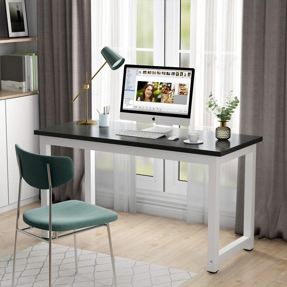 Tribesigns Computer Desk, 55 inch Large Office Desk Computer Table Study Writing Desk for Home Office, Black + White Leg: Furniture & Decor
