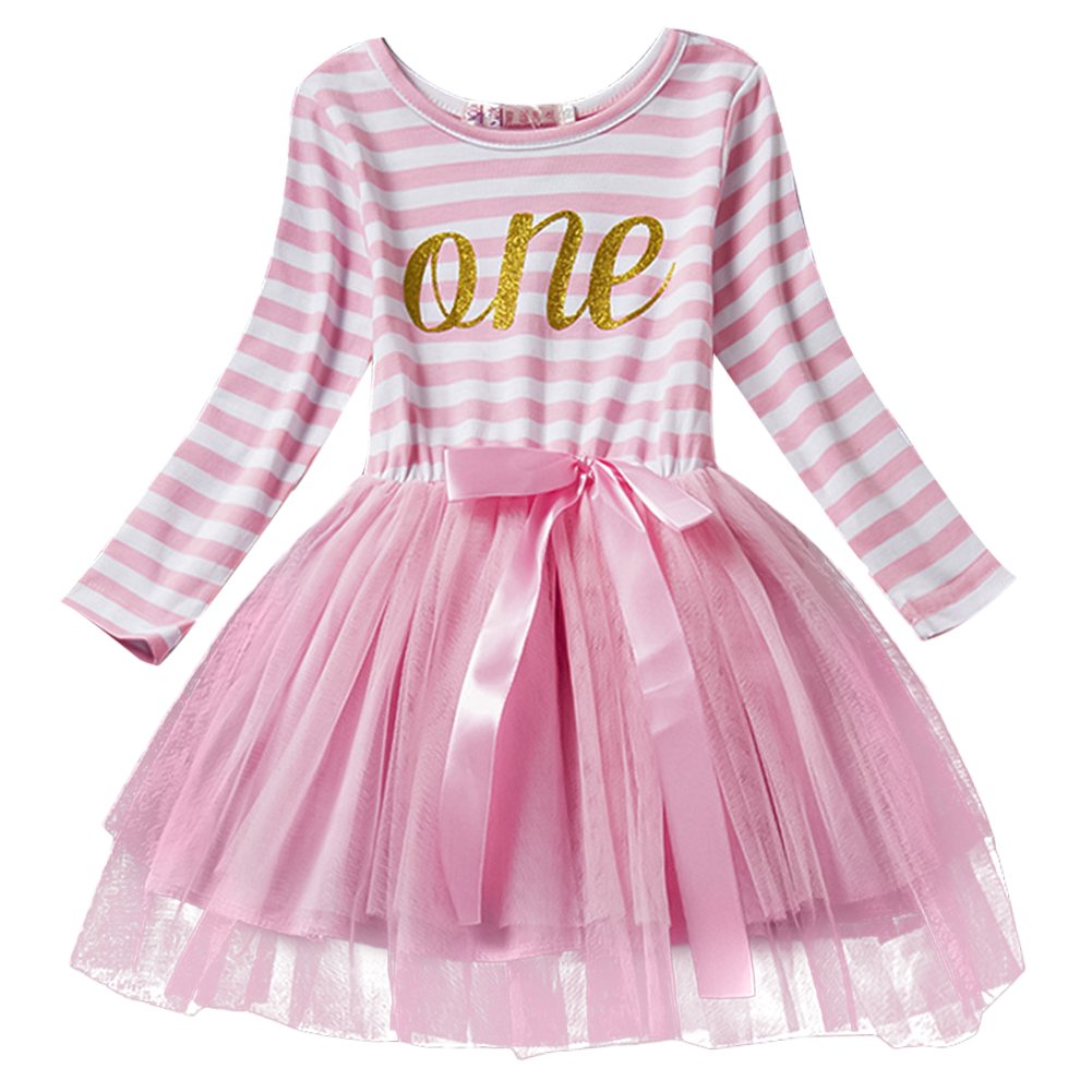 Baby Girls Toddler Kids Princess Long Sleeve Dress 1st/2nd/3rd Birthday Cake Smash Shiny Printed Striped Tulle Tutu Dress Party Outfit Pink 1 Year