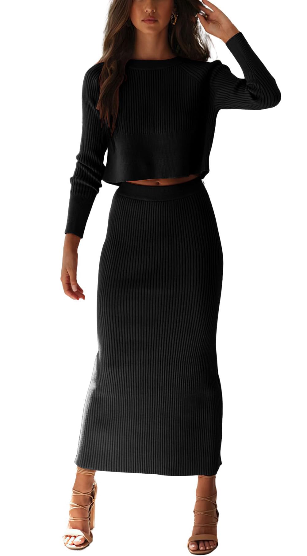 Photo 1 of chouyatou Women's Ribbed Sweater Sets Crop Top and Maxi Bodycon Skirt Sets 2 Piece Outfits (Medium, Black)