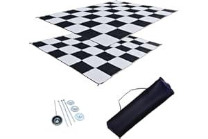 EZ TRAVEL MATS RV Patio Mat Awning Mat Outdoor Rug Trailer Mat Complete Kit 9x12 (Black and White Checkers)