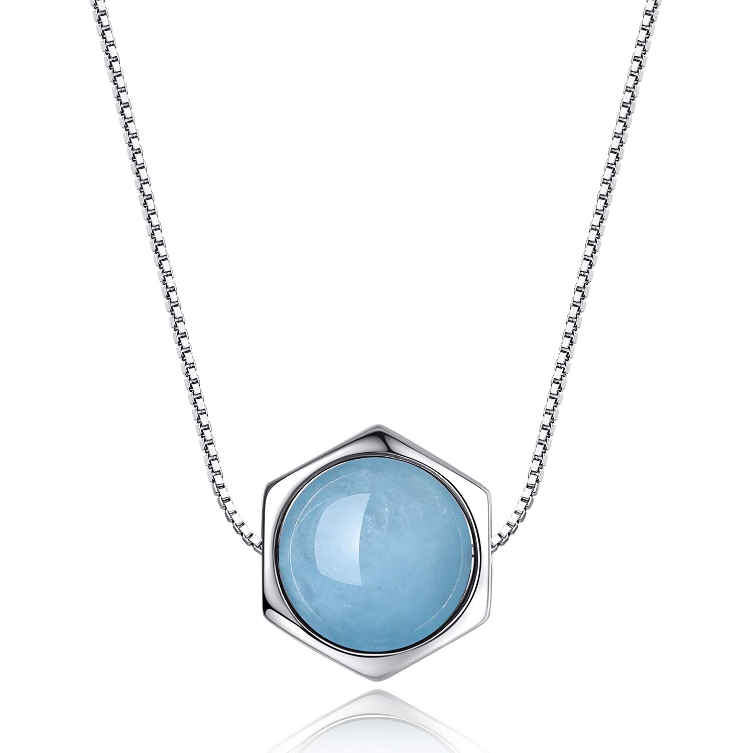 coai Womens Girls 925 Sterling Silver Hexagon Aquamarine Stone Pendant Necklace
