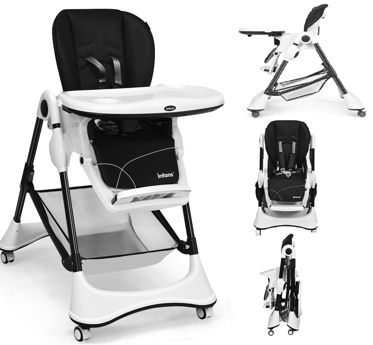 INFANS High Chair with One-Hand Removable Tray, 4 Lockable Wheels & Large Storage Basket - Multi-Adjustable Height, Recline & Footrest, Removable Cushion, Foldable for Baby, Infant& Toddler Image