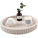 Modern Decorative Tray for Coffee Table, 11" Wooden Gray Beige Round Small Decor Tray for Candle, Perfume, Vanity, Kitchen Island Counter & Table Centerpiece