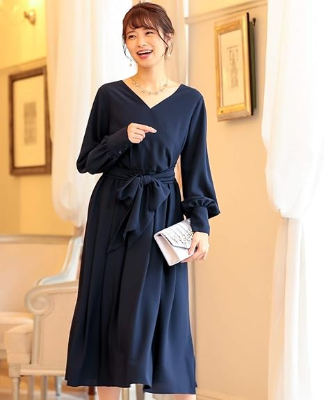 Amazon Nissen ニッセン パーティードレス ワンピースドレス ウエストベルト付きvネックギャザーワンピースドレス 結婚式 二次会 お呼ばれ セミフォーマル対応 大きいサイズ有 ネイビー S レディース ワンピース チュニック 通販