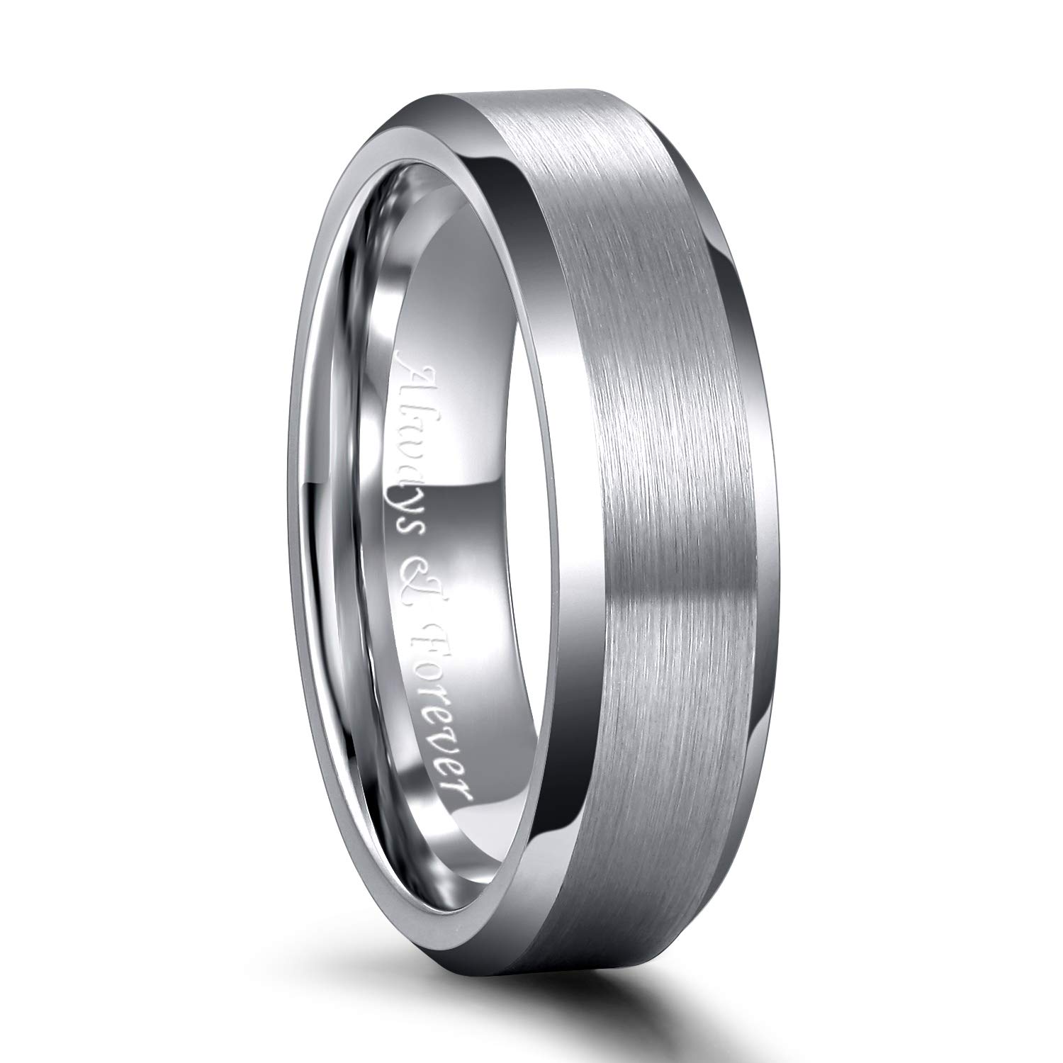 Photo 1 of Greenpod 6MM Tungsten Carbide Ring for Men Brushed Beveled Edge Wedding Band for Women Engraved Always & Forever Size 7.5