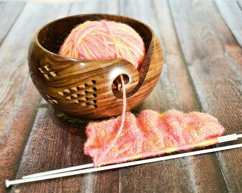 Ajuny Wooden Crafted Large Yarn Ball Storage Bowl with Elegant Design Spiral Yarn Dispenser | Carved Holes | Knitting Crochet Accessories - Gift for Ladies