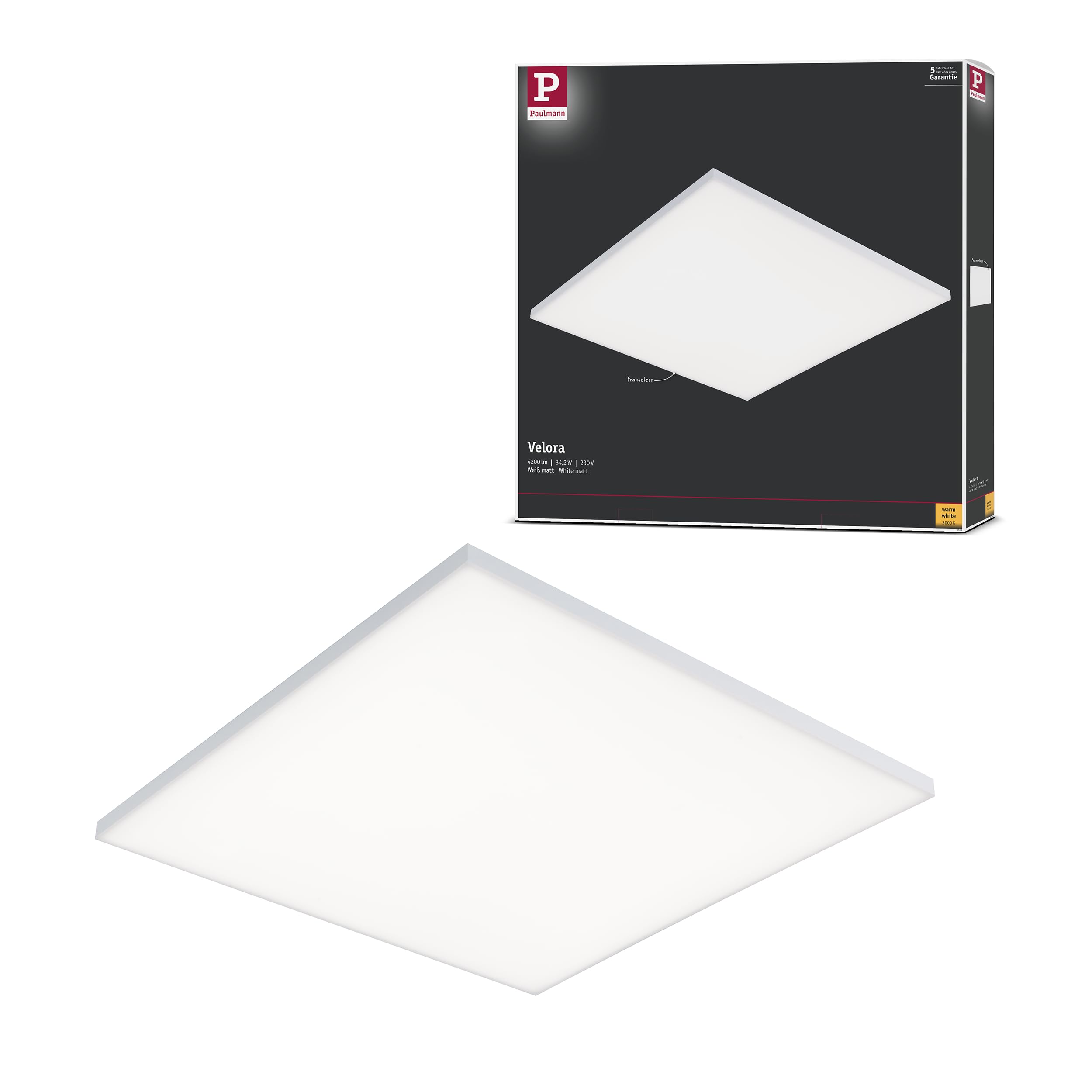 Paulmann 79818 Velora LED Panel Rectangular incl. 1x34 watt Ceiling lamp White matt Light Panel Metal Ceiling Light 3000 K