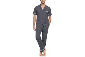 EA'S SECRET Mens 100% Cotton Pajamas Set Short Sleeve Loungewear with Long Pants Button Down Sleepwear Soft Comfy Pjs