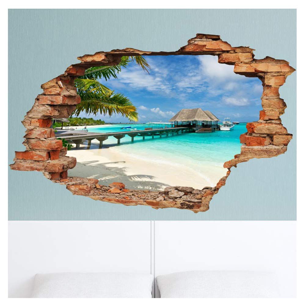 Sticker 3D Effect |Wall Decal Bora Bora, Palms and Bungalow – Wall Paper Decoration Optical Illusion Room and Living Room - 60 x 90 cm
