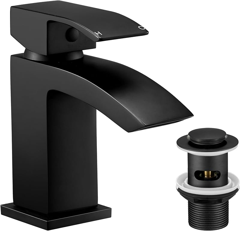 Hapilife Basin Taps Waterfall Black Matte Mono 1 Hole with Slotted Waste
