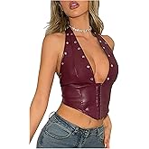 Floerns Women's Y2k Leather Halter Neck Hook Eye Backless Asymmetrical Hem Going Out Tank Top
