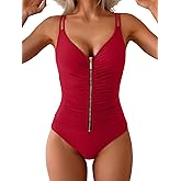 Eomenie One Piece Swimsuit for Women Zip Front Tummy Control Bathing Suit Ruched Slimming Swimwear Double Straps Swim Suit