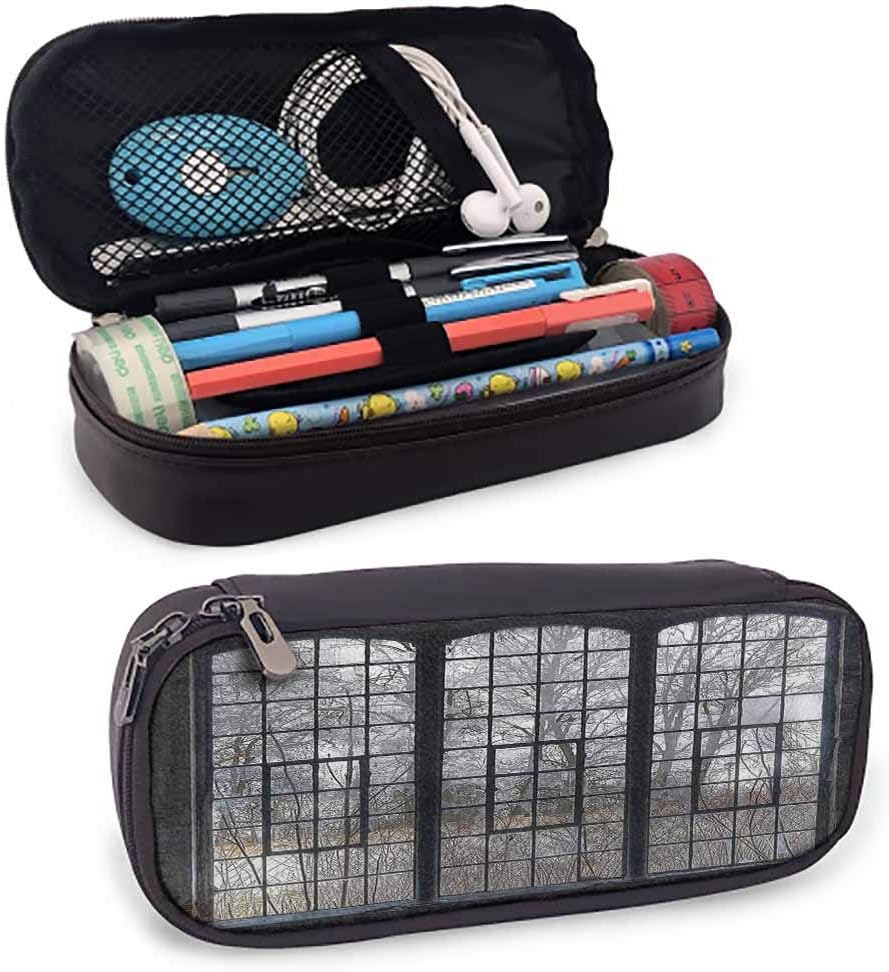 Industrial Decor Collection Pencil case Old Large Window with Broken Panes in a Deserted Hall Near Forest Trees Winter Time Style Storage Stationery Grey