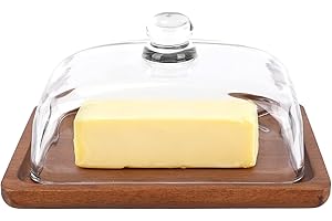 Glass Butter Dish with Lid, Airtight Keeper Box with Sealed Cover Large Wood Clear Butter Holder Tray & Storage Saver Contain