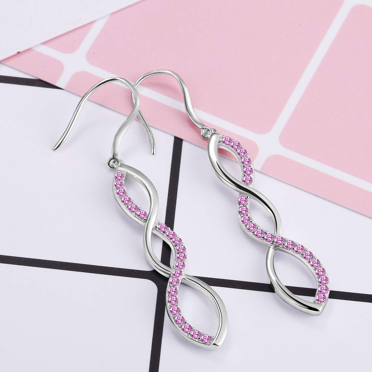 Women\'s 925 Sterling Silver Earrings, Pink Dangle Drop Hook Earring DE0062P