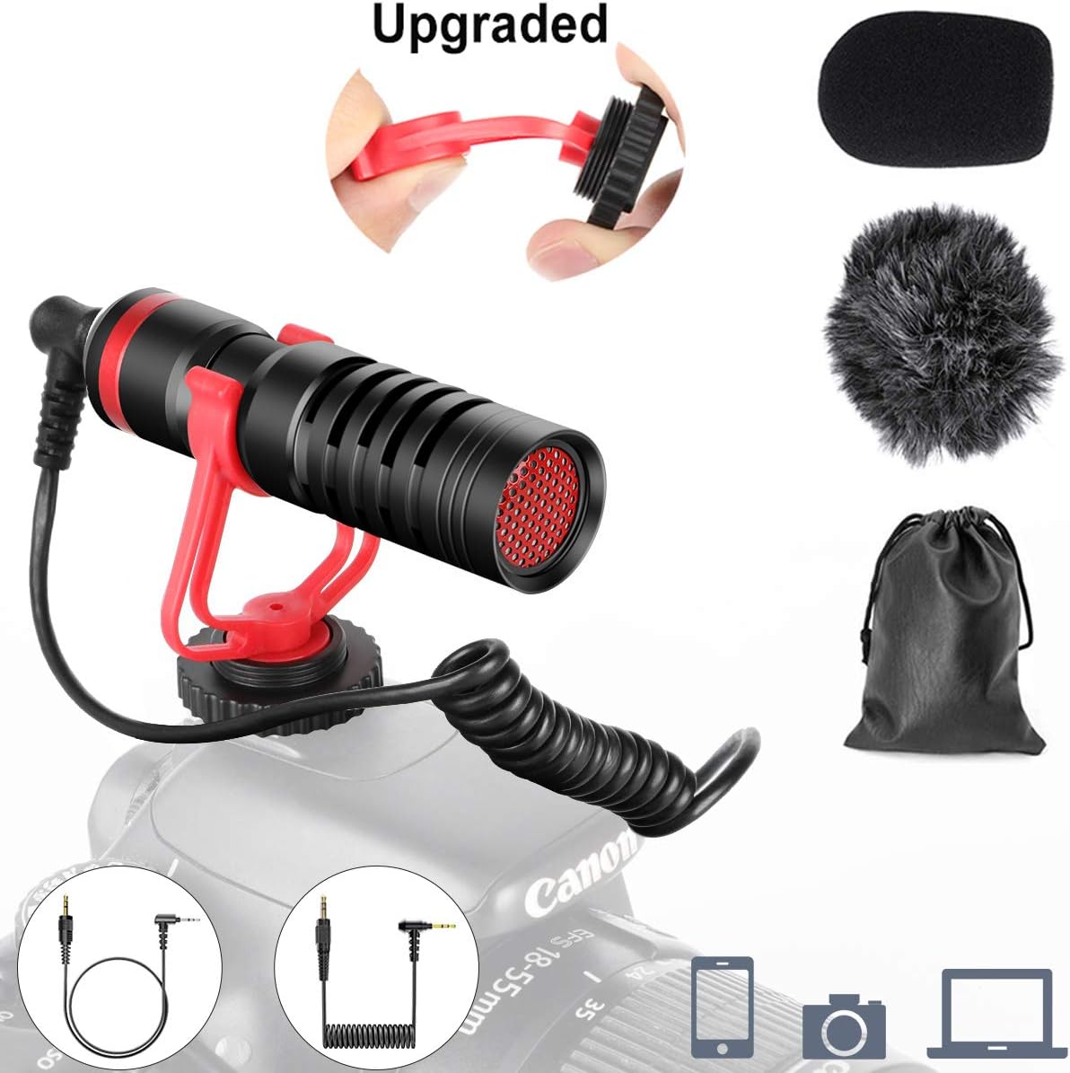 Universal Video Microphone, Upgraded Shock Mount Camera Microphone for DSLR and Smartphone, Directional Audio Recording Mic for iphone, iOS Android, for Canon Nikon Sony Camcorders, GoPro, iPad, Mac