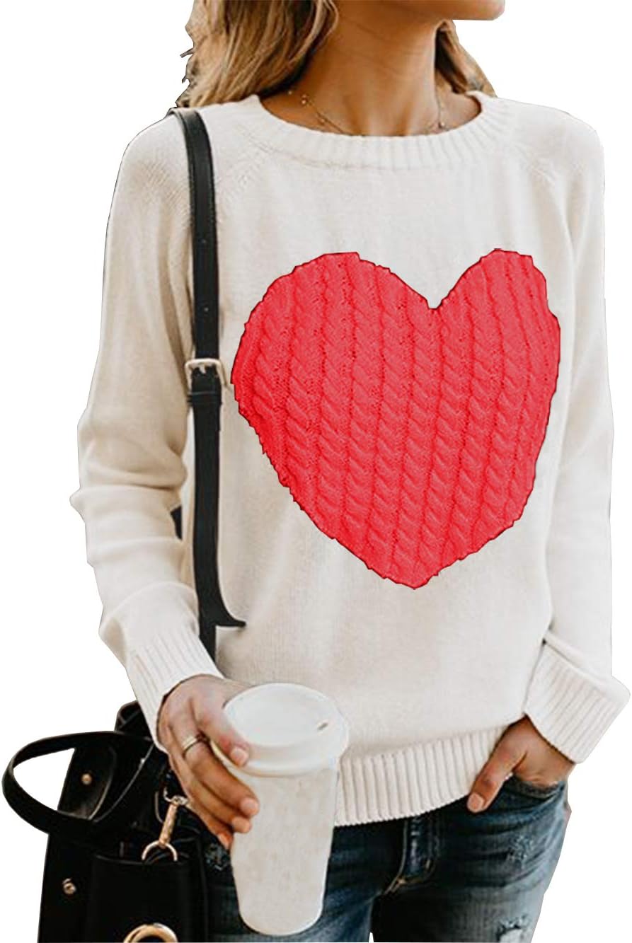 HYCYG Women's Knitted Long Sleeve Crew Ceck Pullover Sweater with Heart