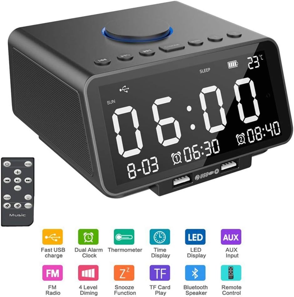 Radio Alarm Clock,bedside Non Ticking Digital Alarm Clock With Snooze Function And Thermometer,Dual USB Charging Port For Heavy Sleepers black