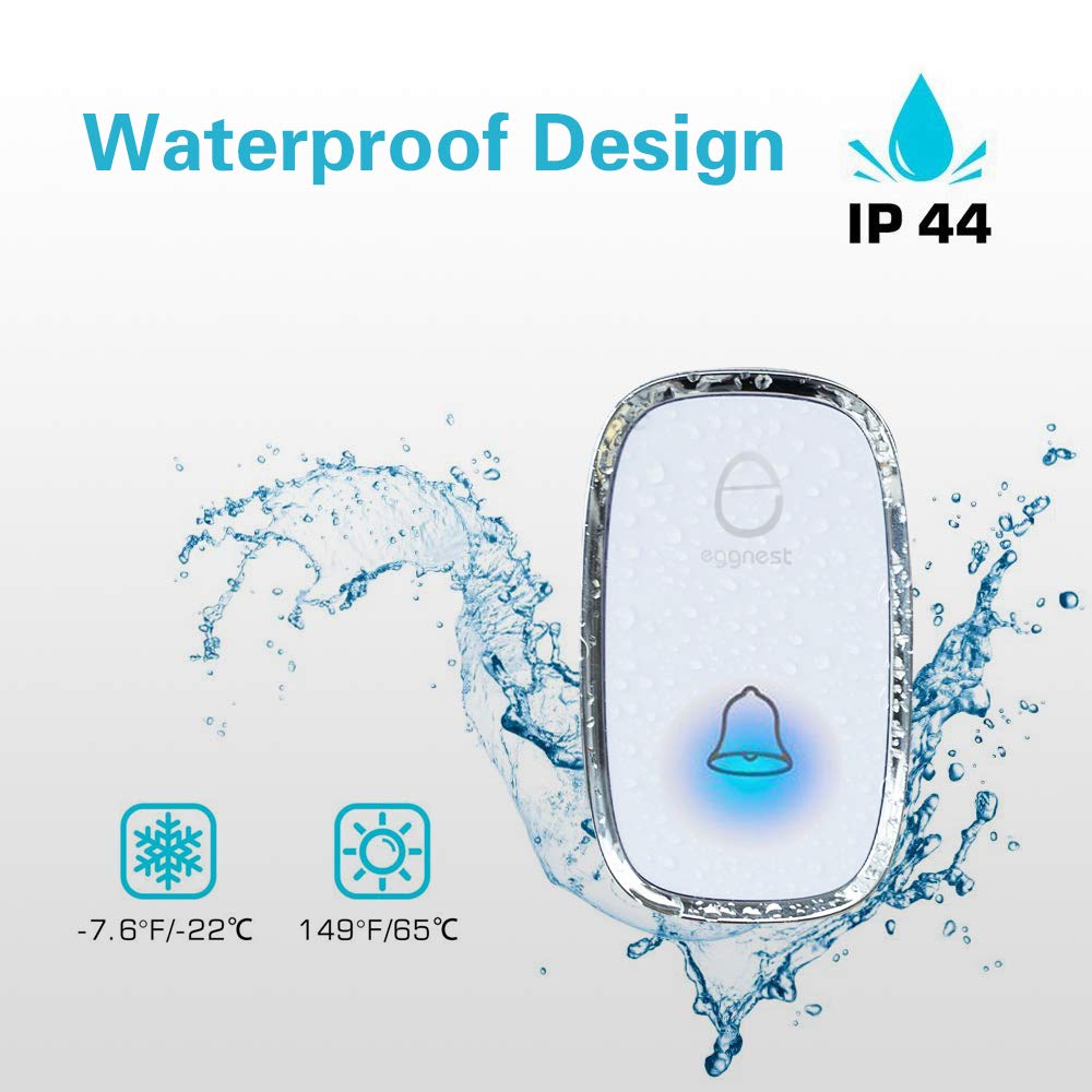 Wireless Doorbell Door Chime Kit Portable Waterproof Push Button over 900ft Long Range 4-Level Volume & Blue Light 36 Melodies to Choose 1 Transmitters 1 Receivers-White